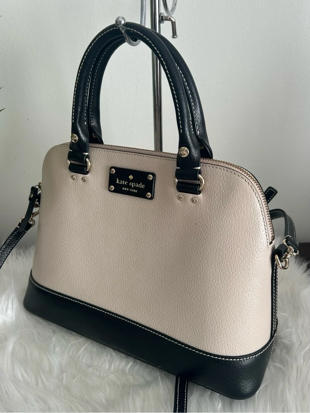 Kate Spade Cream Black Leather Dome Satchel Crossbody Shoulder Bag